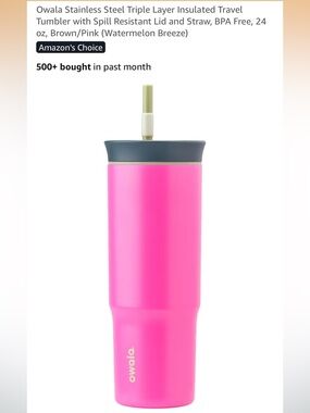 Owala Pink Stainless Travel Tumbler with Gray Lid and Straw
